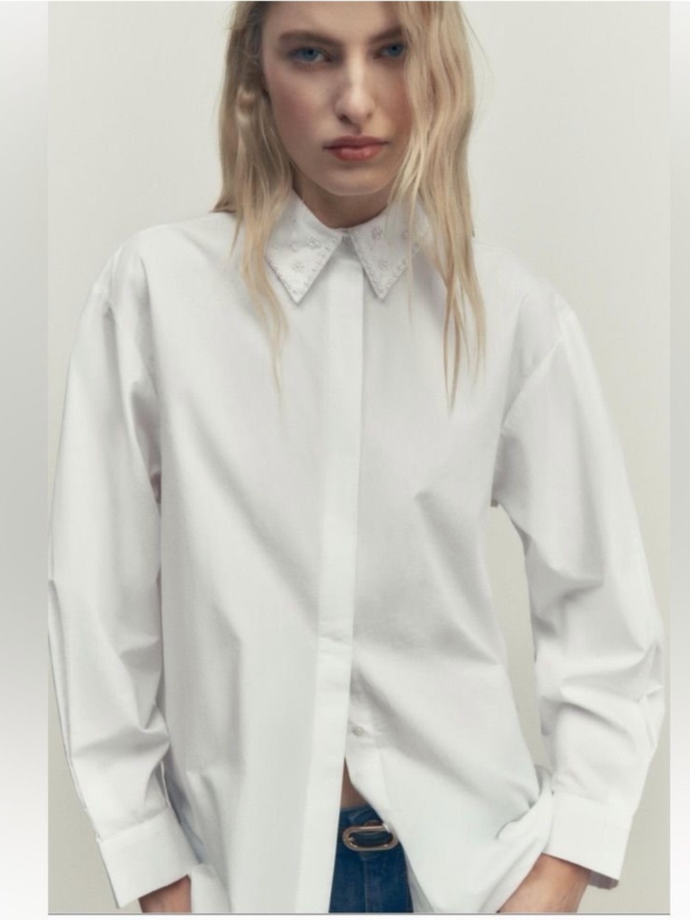 Zara White Embellished Pearls Collar Shirt
